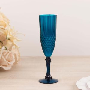 6-Pack Transparent Plastic Champagne Glasses 8oz, Crystal Cut Style Navy Blue - Shatterproof Wedding Toast Flutes