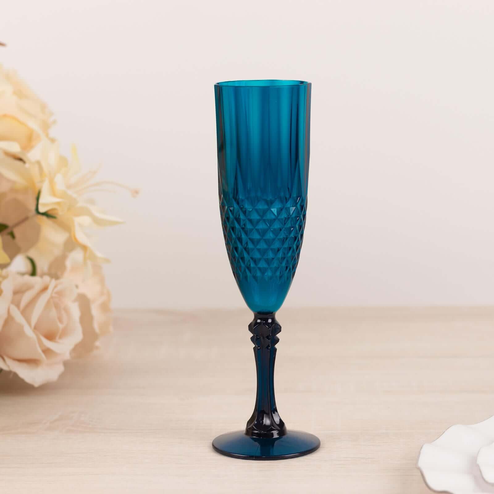 6-Pack Transparent Plastic Champagne Glasses 8oz, Crystal Cut Style Navy Blue - Shatterproof Wedding Toast Flutes